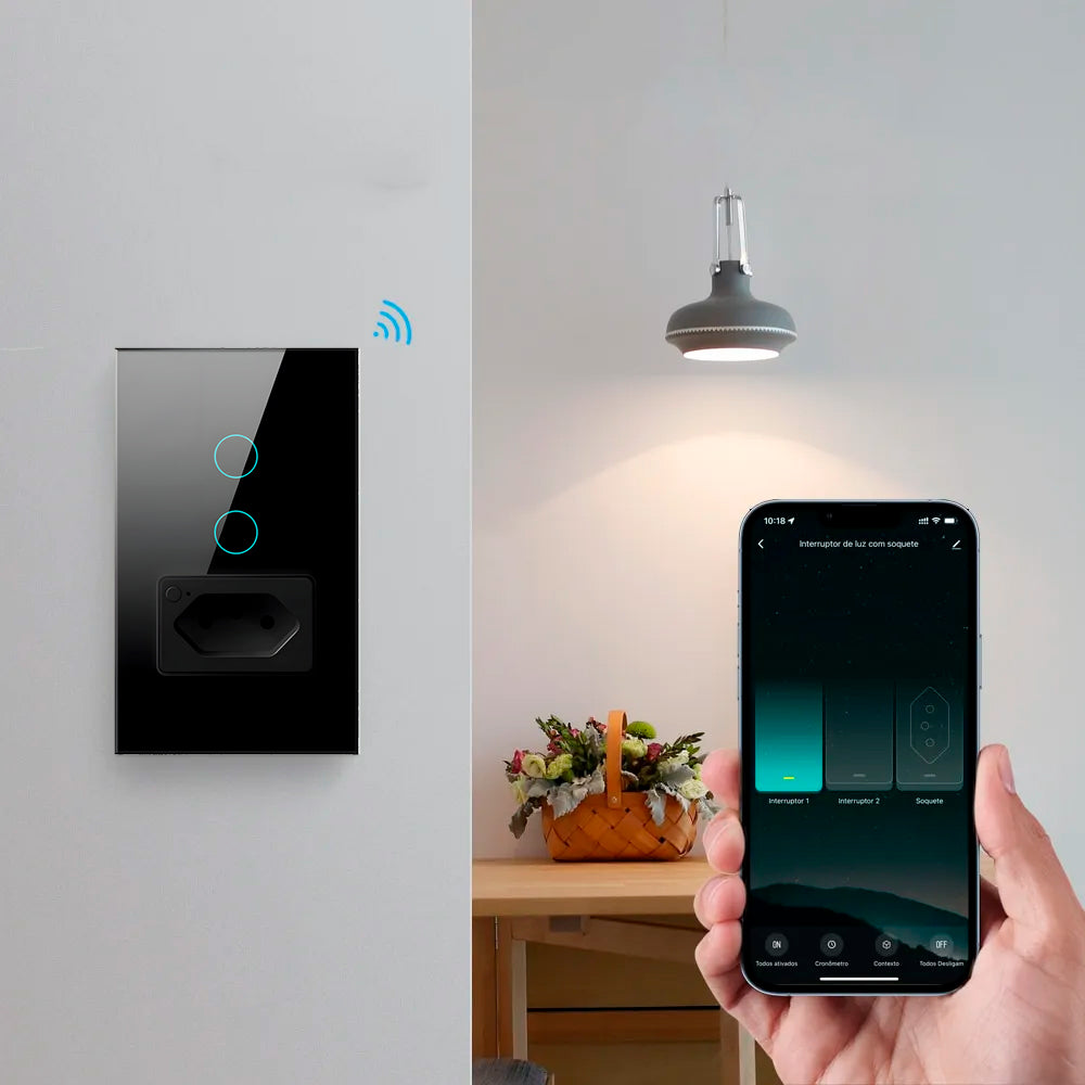 Interruptor Inteligente, Com Tomada, 2 Botões Touch, Wi-Fi, Compatível Com Alexa e Google Home, Avatto, Preto