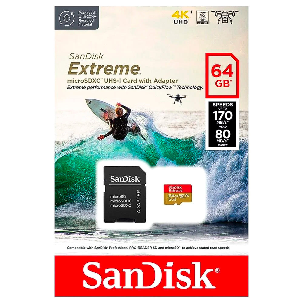 Cartão de Memória SanDisk Extreme 64GB Ultra MicroSDXC UHS-I 170Mb/s Leitura 80Mb/s Escrita + Adaptador