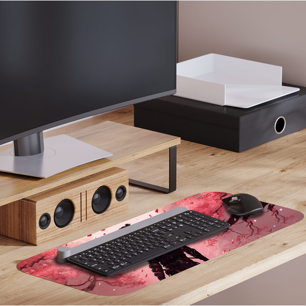 Mouse Pad Gamer 30x70cm, Neoprene Legítimo, Base Antiderrapante, Reliza - Estampa Samurai em Sakura