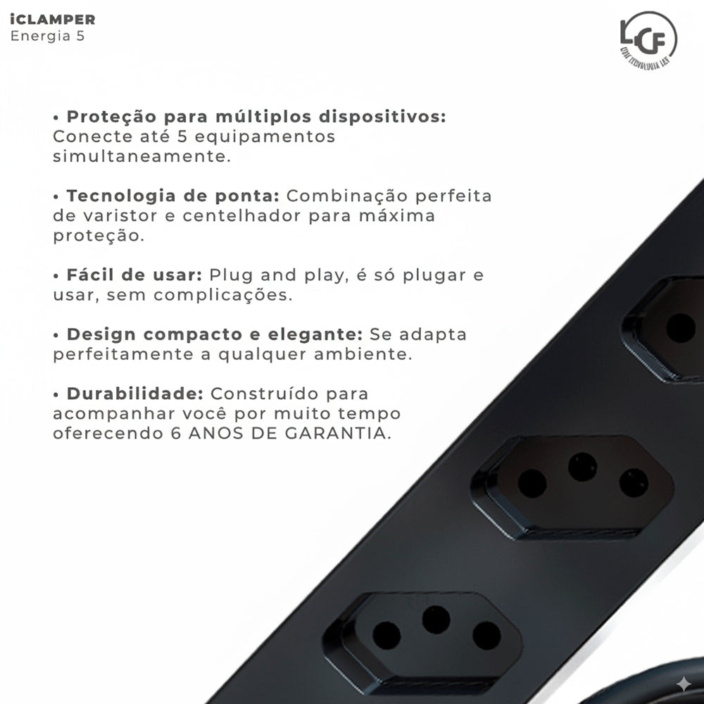 Filtro de Linha Clamper 5 Tomadas 2P+T, 10A, Bivolt, 1m, Proteção contra Surtos Elétricos com Tecnologia LCF - Preto