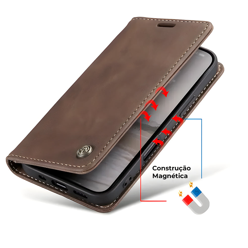 Capa Carteira Flip de Couro Para iPhone 16 Pro MAX, Magnética, Com Porta Cartões, Marrom