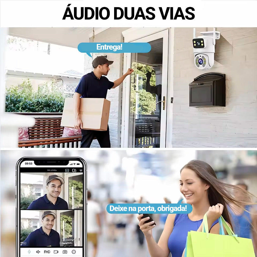 Câmera de Segurança Dupla, Giratória, IP, Wi-Fi, Full HD, 8MP, Tuya, Smart Life, 2.4G, Branca - ZS070