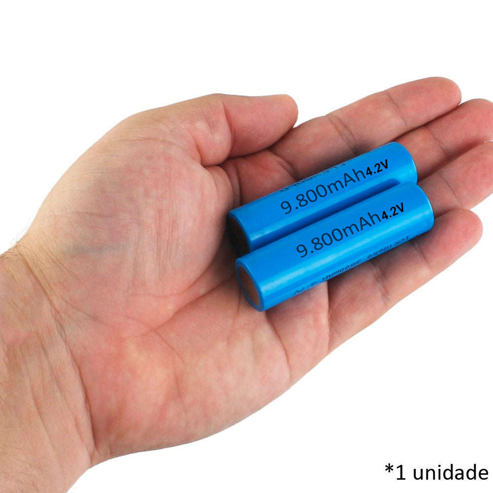 Bateria Li-ion, 9.800mAh, 4.2V, Sem Pino, Alta Capacidade, Azul, 18650