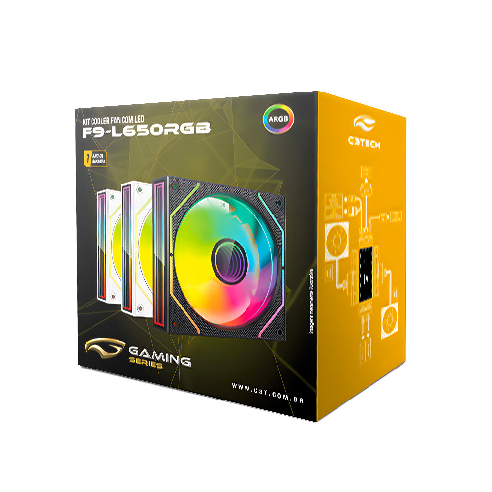 Kit 3 Fan e Controladora RGB, Cooler Fan Gaming F9-L650BKRGB C3Tech - Preto