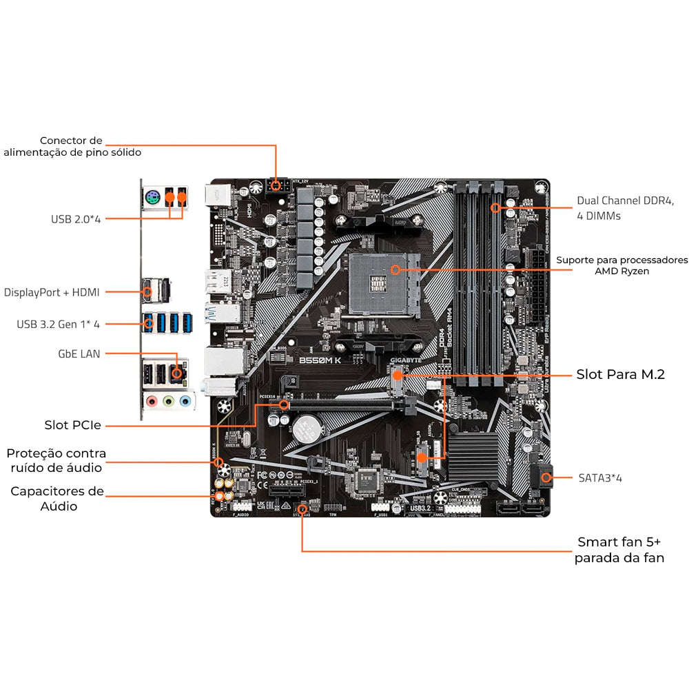 Placa Mãe Gigabyte Para AMD, B550M K Ultra Durable, Com 4 Slots RAM, 4xDDR4, mATX