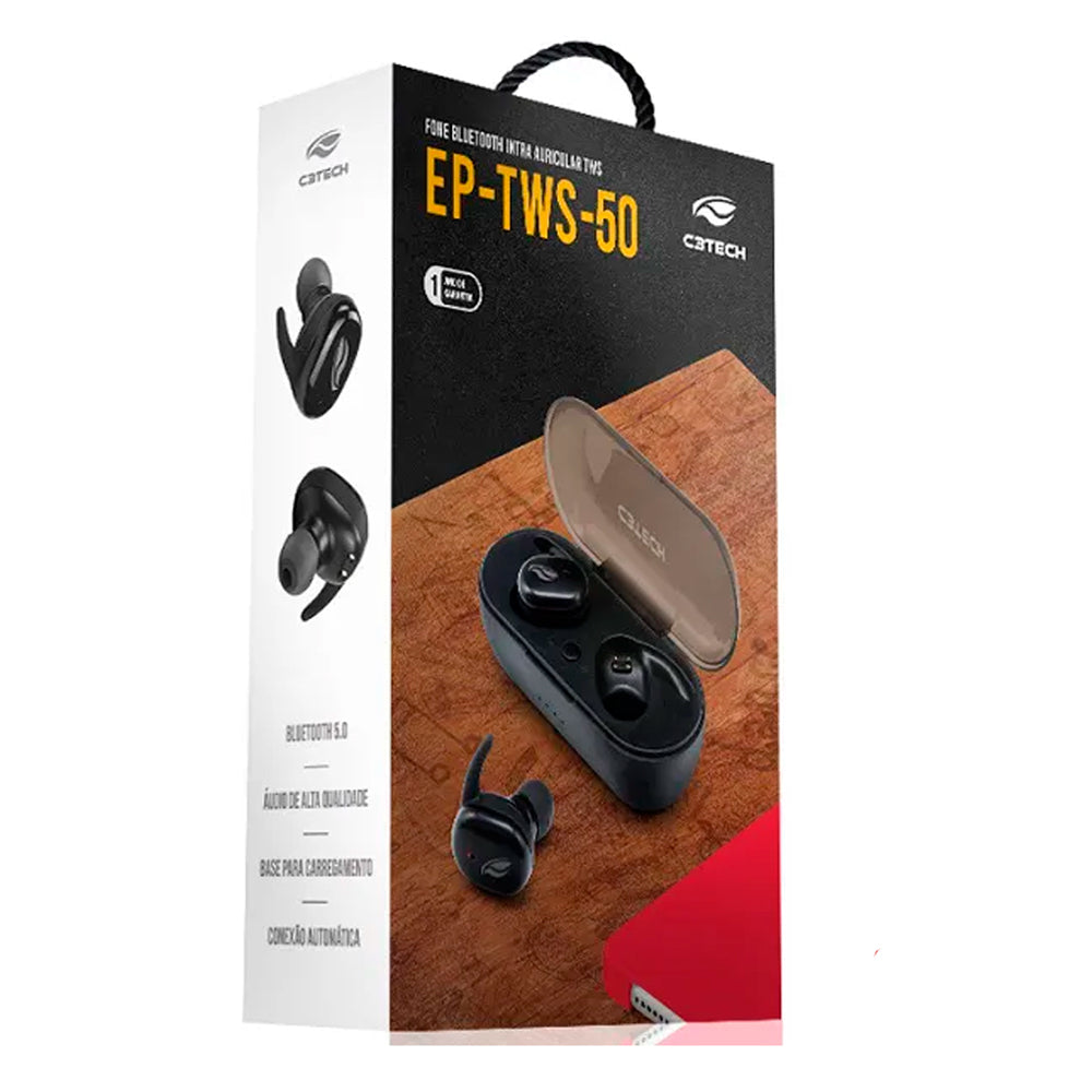 Fone de Ouvido Intra C3Tech EP-TWS-50BK - Bluetooth 5.0 True Wireless Intra-Auricular In-Ear Com microfone Preto