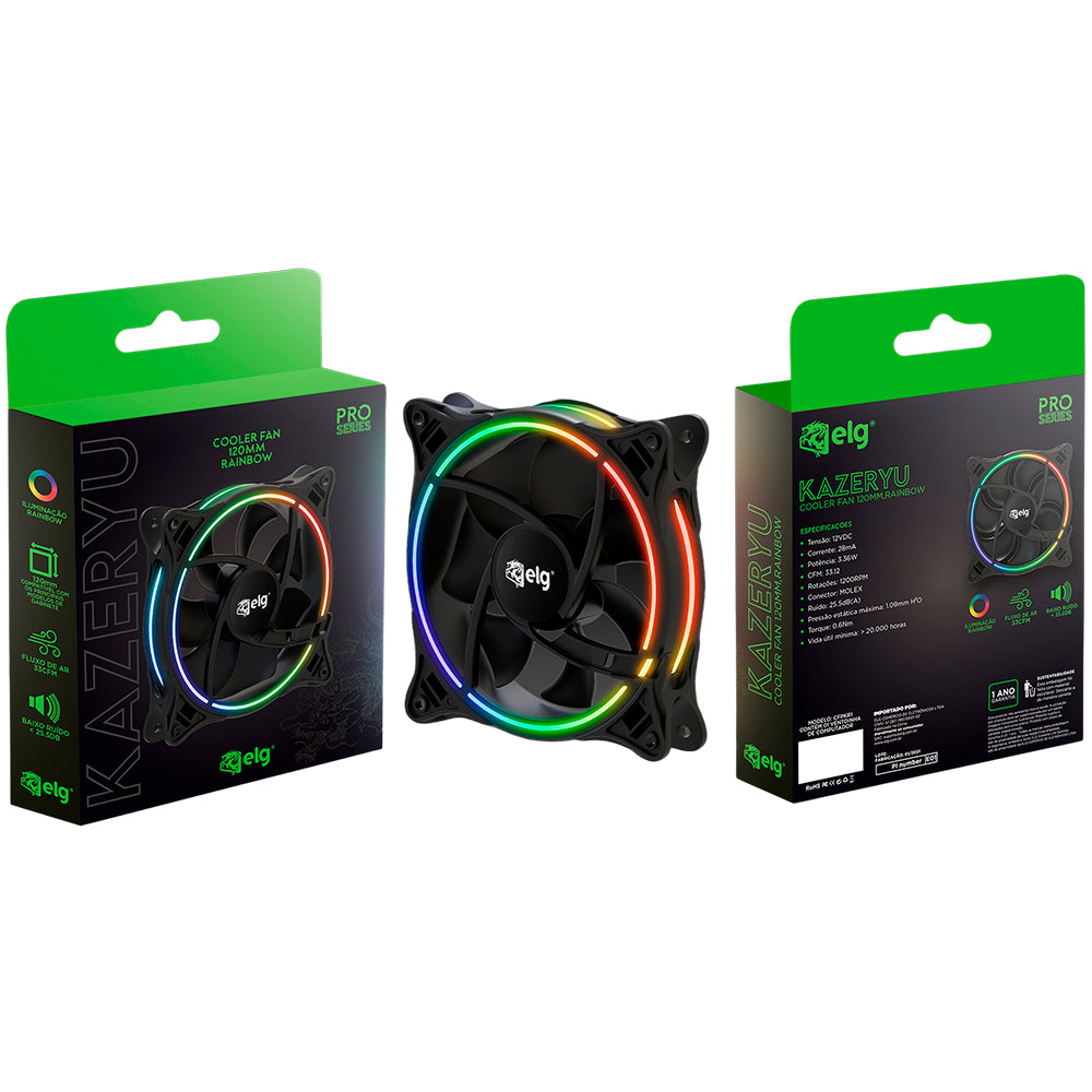 Cooler Fan Gamer, 120mm, Kazeryu Pro, 1.500RPM, LED Rainbow, Baixo Ruído, CFPKR1, Preto, ELG