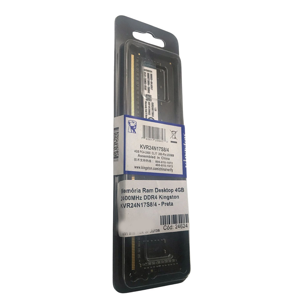 Memória Ram Desktop 4GB 2400MHz DDR4 Kingston KVR24N17S8/4 - Preta
