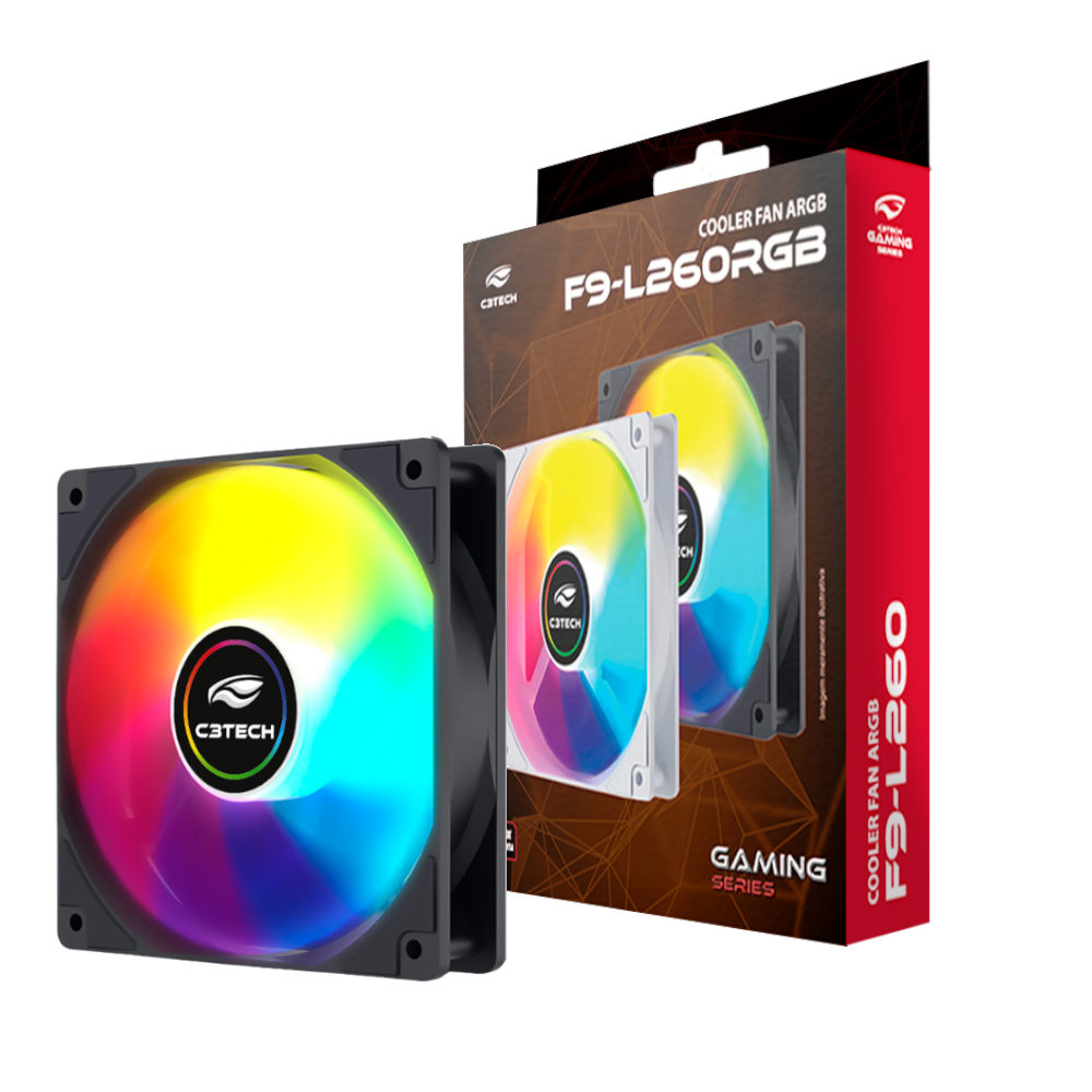 Cooler Fan F9-L260BK Argb 12cm C3Tech 120 mm 9 lâminas, Rolamento Hidráulico, Molex 4‑pinos, 1200 RPM, 35 CFM - Preto