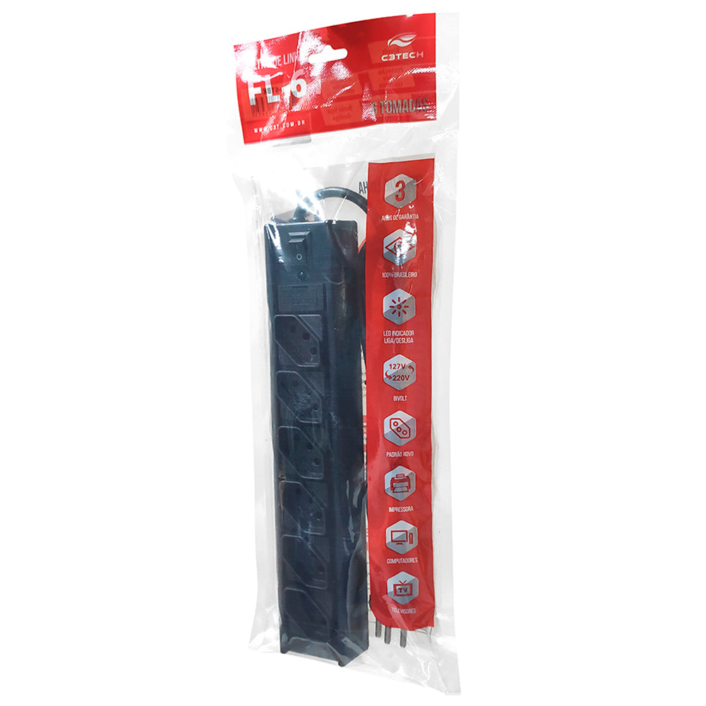 Extensão Filtro de Linha Com 6 Tomadas, Bivolt, FL-61BK, C3Tech - Preto