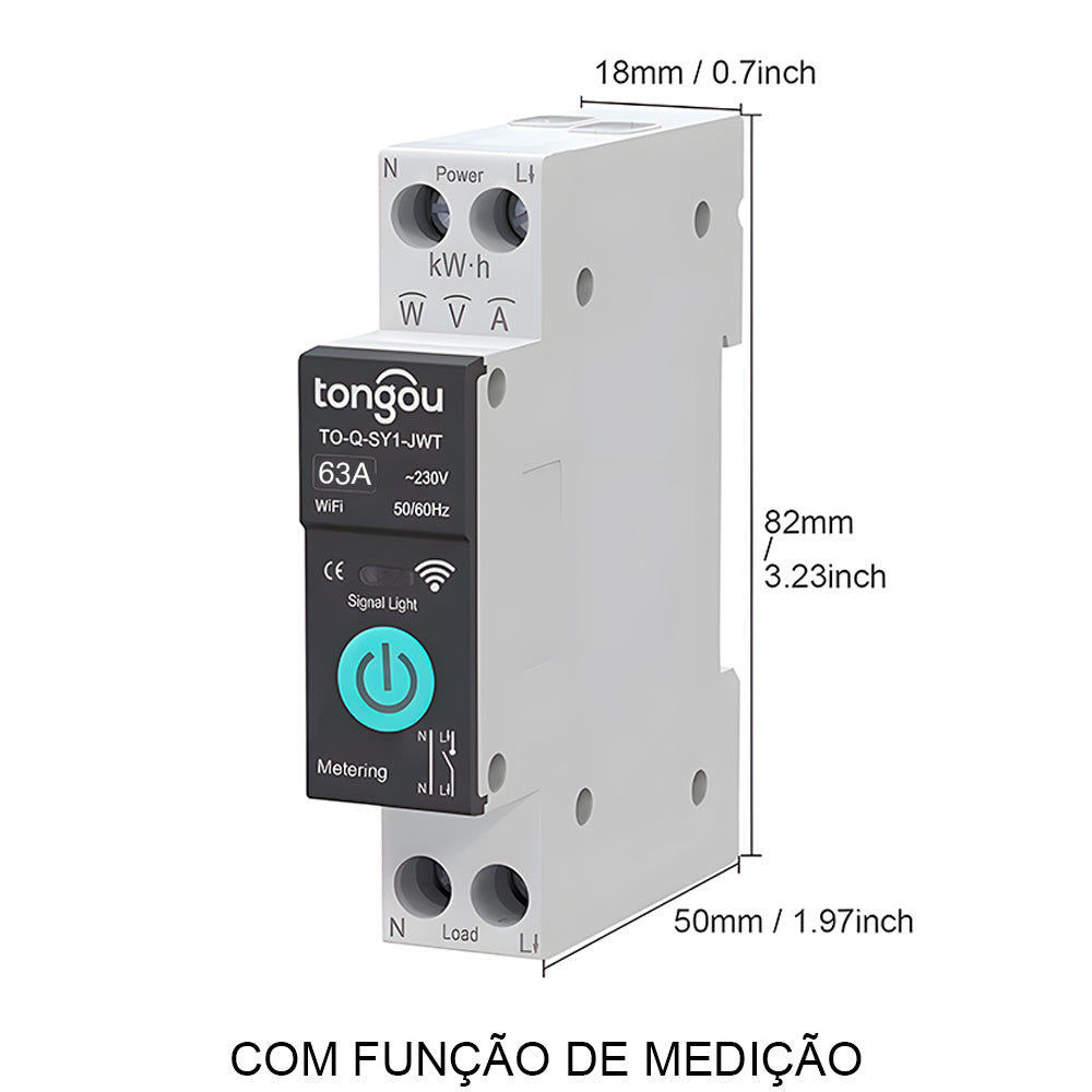Disjuntor Inteligente Wi-Fi 63A, Compatível Com Google Assistant e Alexa, Tongou, Com Medição, Preto