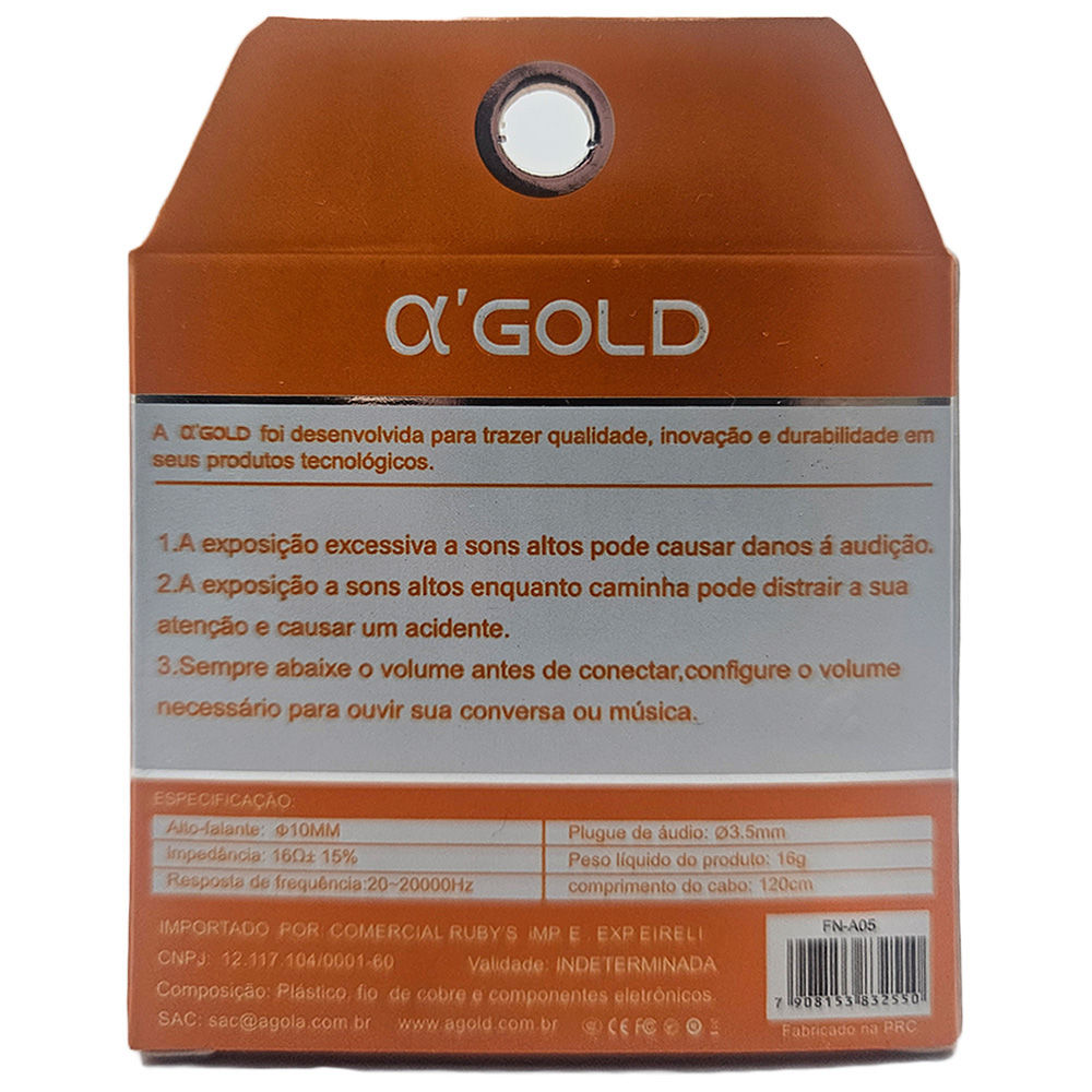 Fone De Ouvido Stereo, Super Bass, com Microfone, Fio 1.2 Metros, A'Gold, FN-A05 - Preto