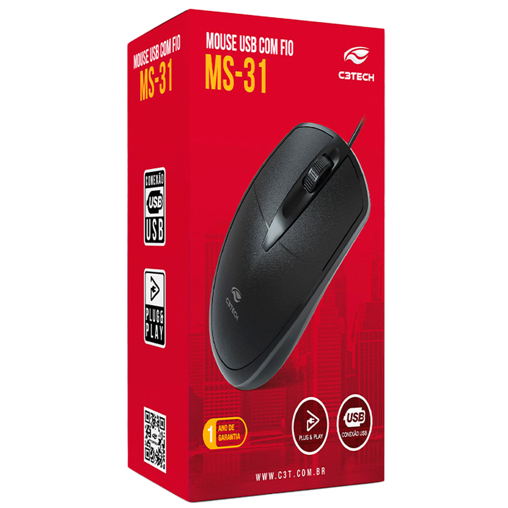 Mouse USB Ambidestro 1000 DPi MS-31BK, C3Tech - Preto