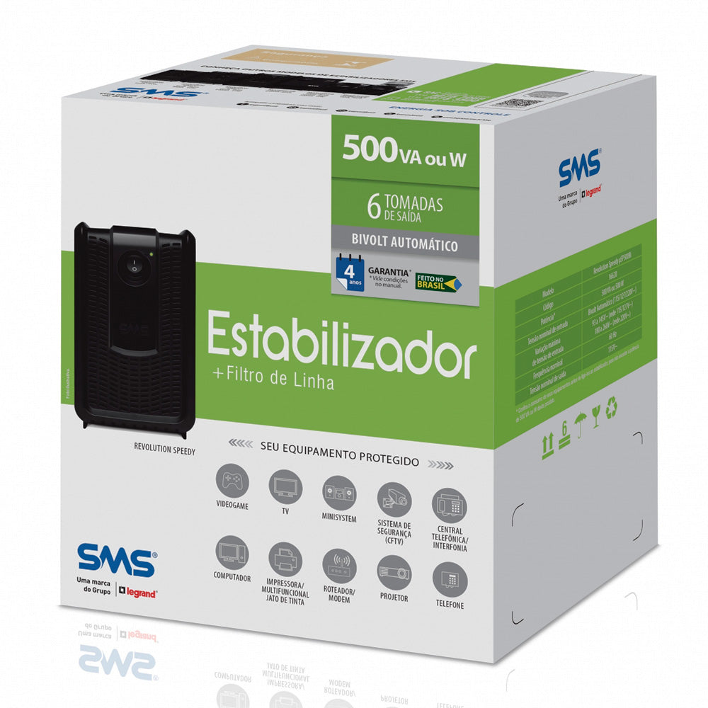 Estabilizador SMS Revolution Speedy 500VA, Entrada Bivolt Automático e Saída de 115V, 6 Tomadas NG 637