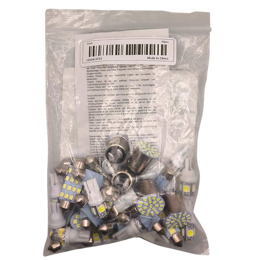 Pacote Com 42 Peças Lâmpadas LED Brancas, Para Interior de Carro, 6000K, 12V