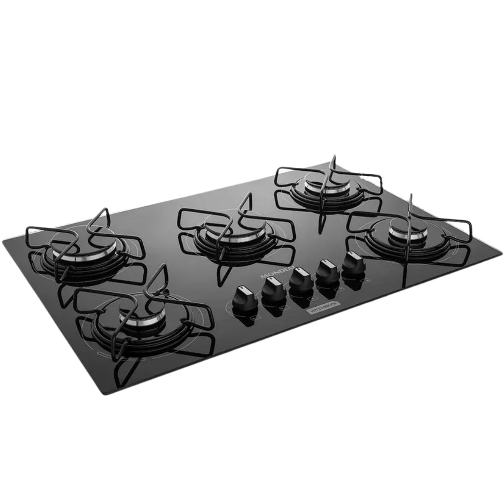 Cooktop 5 Bocas a Gás GLP Mondial CTG-02, Vidro Temperado Preto, Acendimento Automático, Bivolt