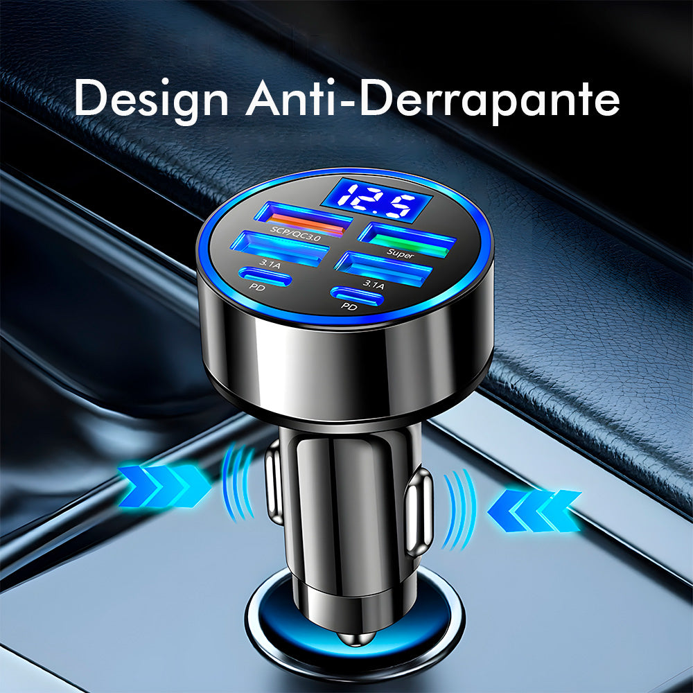 Carregador Veicular Fast Charging Com 4 Portas USB 3.1A, Duas Portas USB-C e Display Digital - Preto