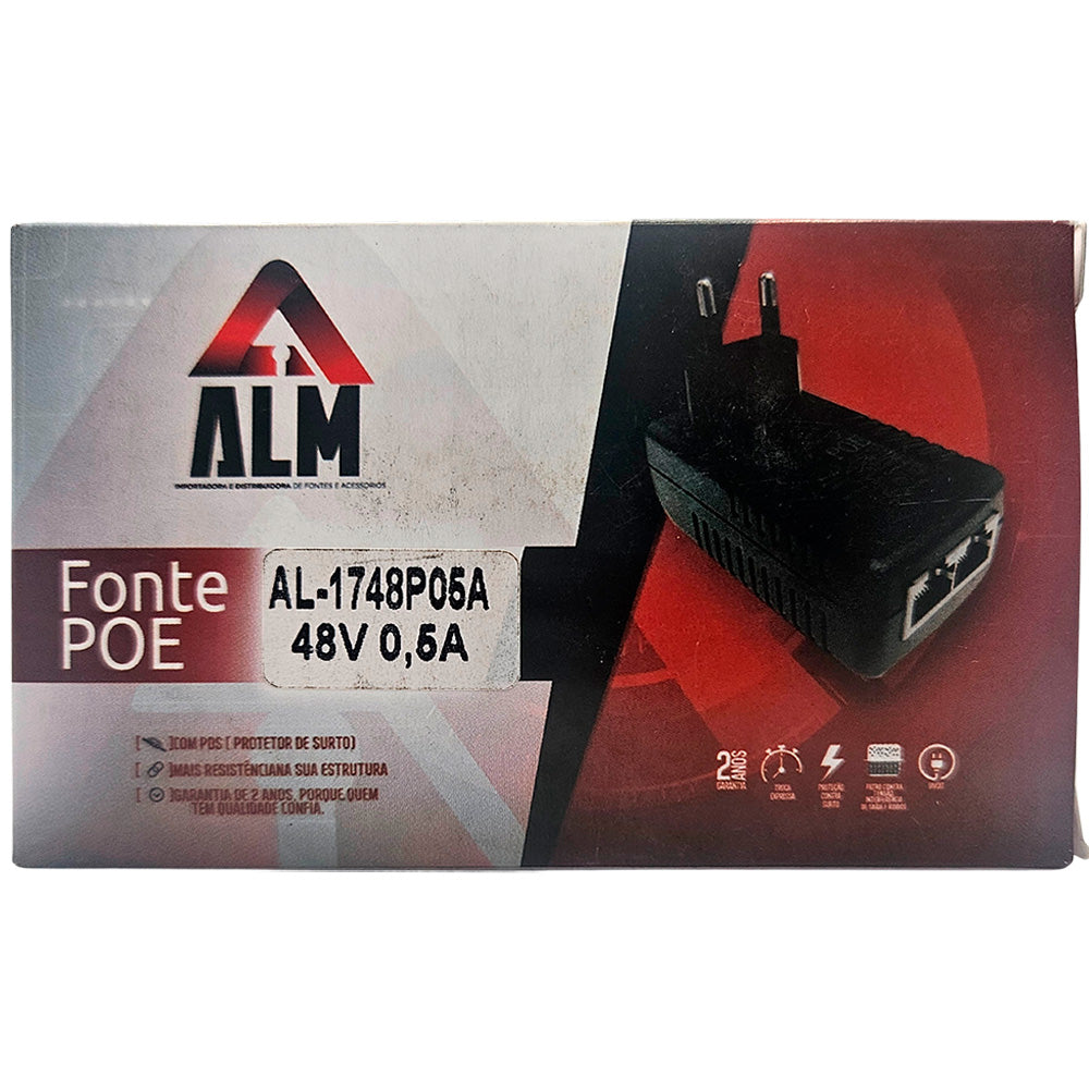 Fonte Injetor POE Ethernet 48V 0.5A, Padrão Passivo, Conector RJ45 ALM - AL-1748P05A