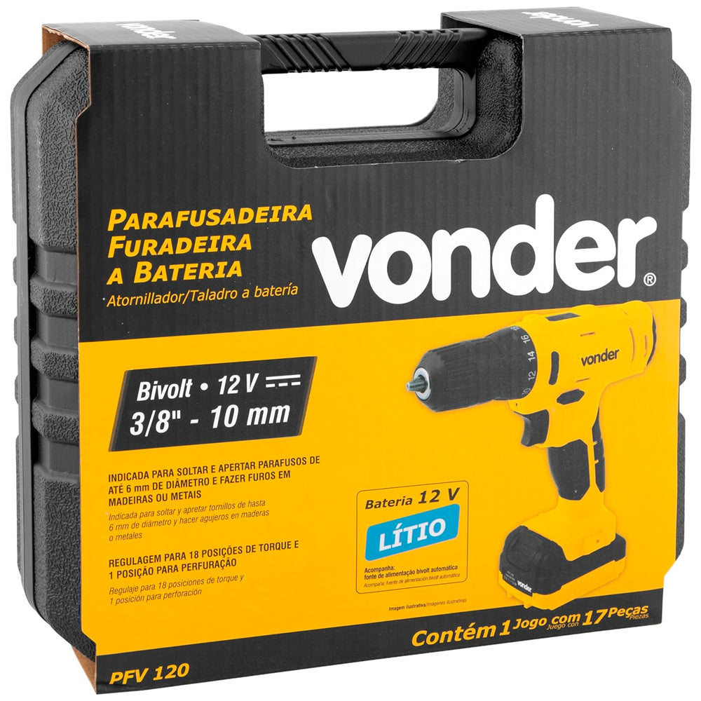 Parafusadeira Furadeira PFV120 a Bateria 12V de Li-Ion 3/8 Pol, Com Carregador Bivolt e Maleta, VONDER-6001100120