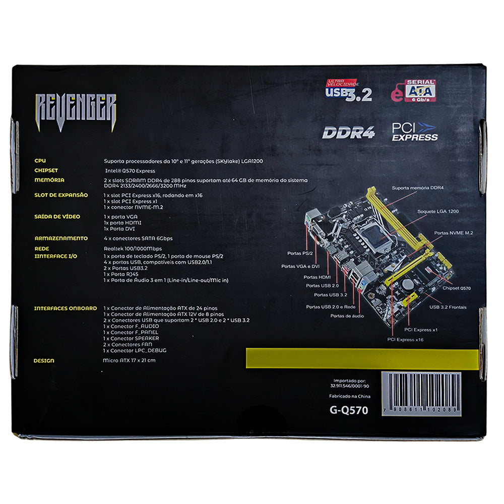 Placa Mãe Intel LGA 1200, G-Q570, Slot M.2 NVMe, VGA, HDMI, Revenger