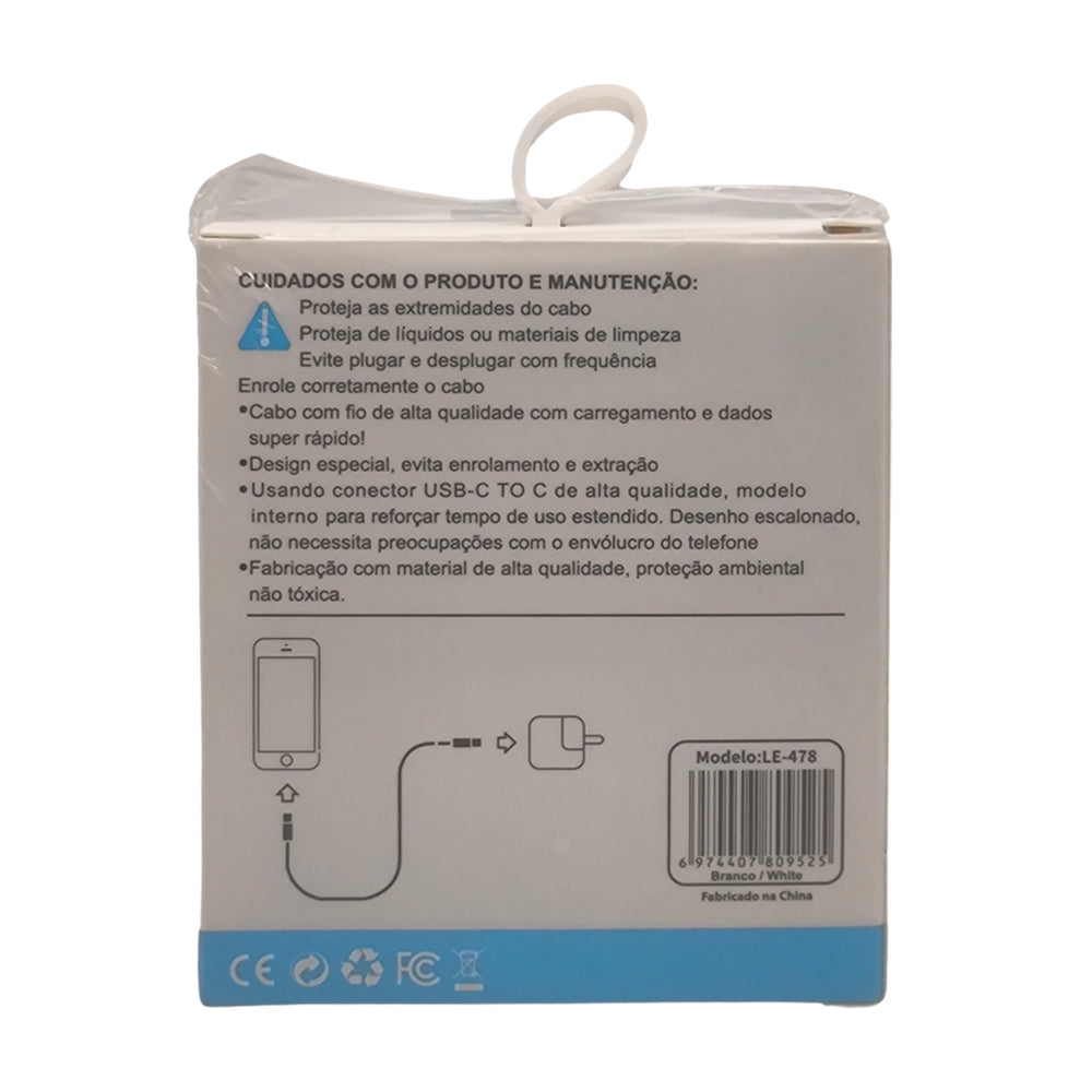 Cabo USB-C Para USB-C, Dados e Carga, 1 Metro de Comprimento, IP 15, Lehmox, LE-478