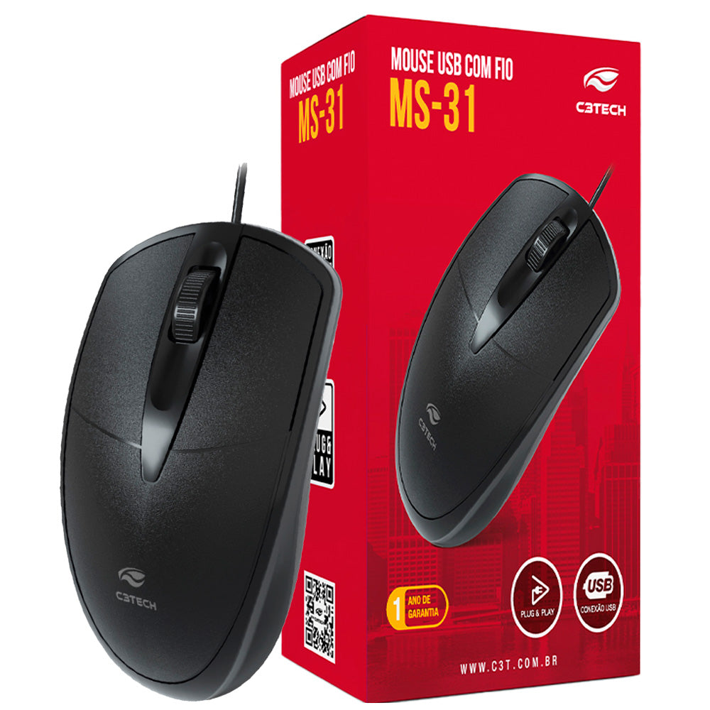 Mouse USB Ambidestro 1000 DPi MS-31BK, C3Tech - Preto