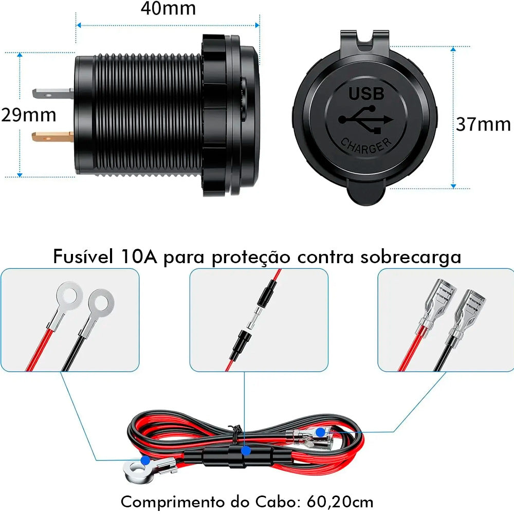 Carregador Veicular Com Duas Entradas USB (QC) 3.0, Luz Led Verde - Preto