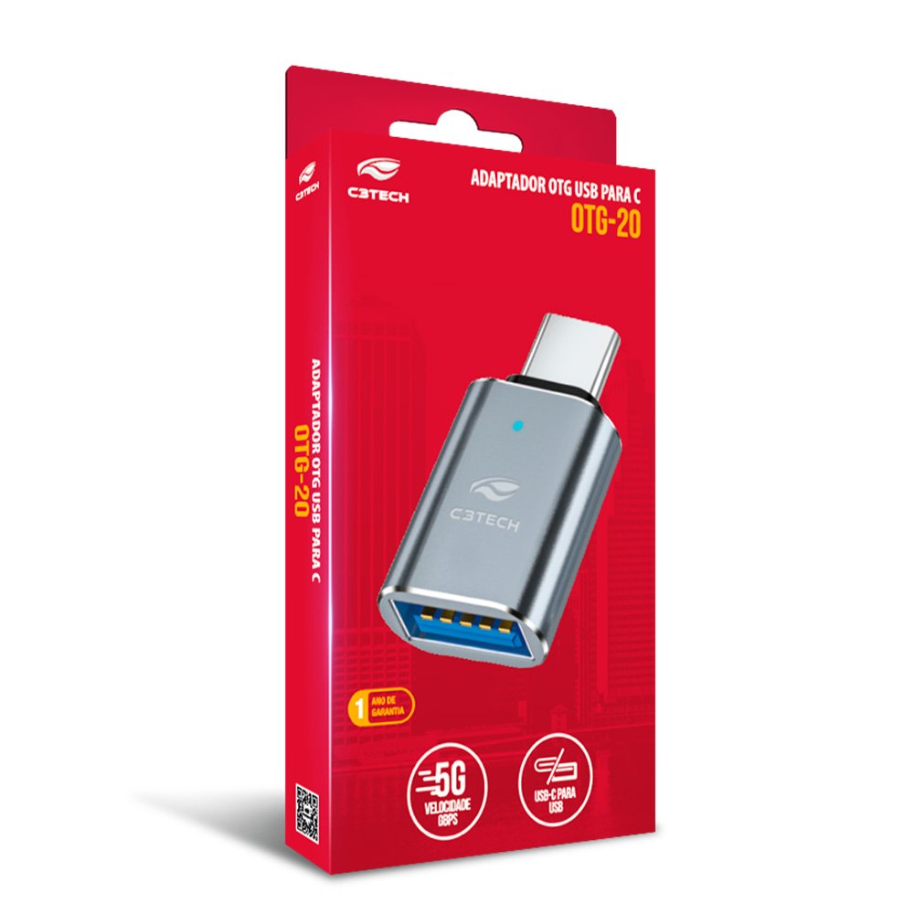 Adaptador OTG-20 C3Tech, USB-C Macho para USB-A Fêmea, USB 3.0 até 5 Gbps, Carregamento Rápido, Compacto