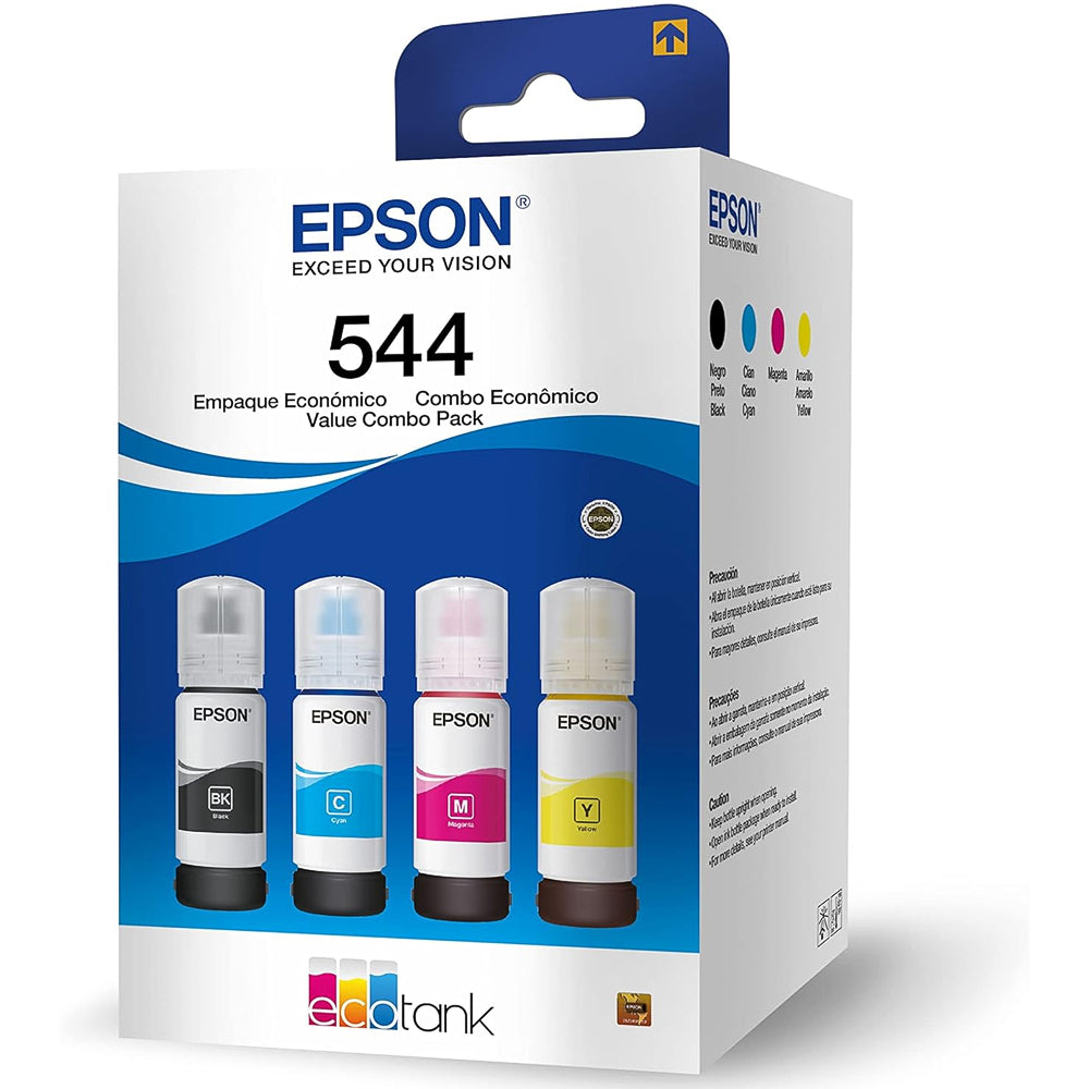 Kit Refil de Tinta 4 Cores Epson 544 - Preto, Amarelo, Ciano e Magenta, Para L1110/L1210/L3110/L3150 (Caixa Com 4 Cores)