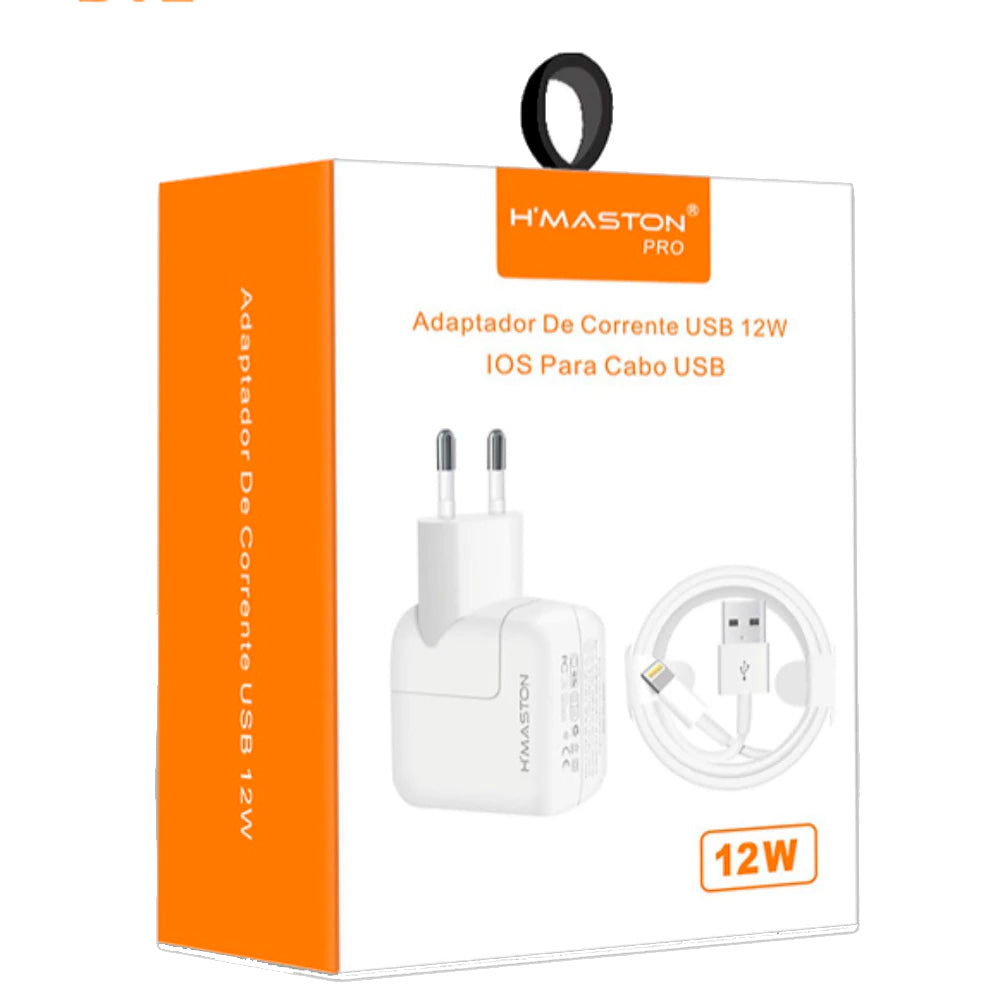 Fonte Carregador 12W, Saída USB, Com Cabo USB Para Lightning, H'Maston, CB02, Branco