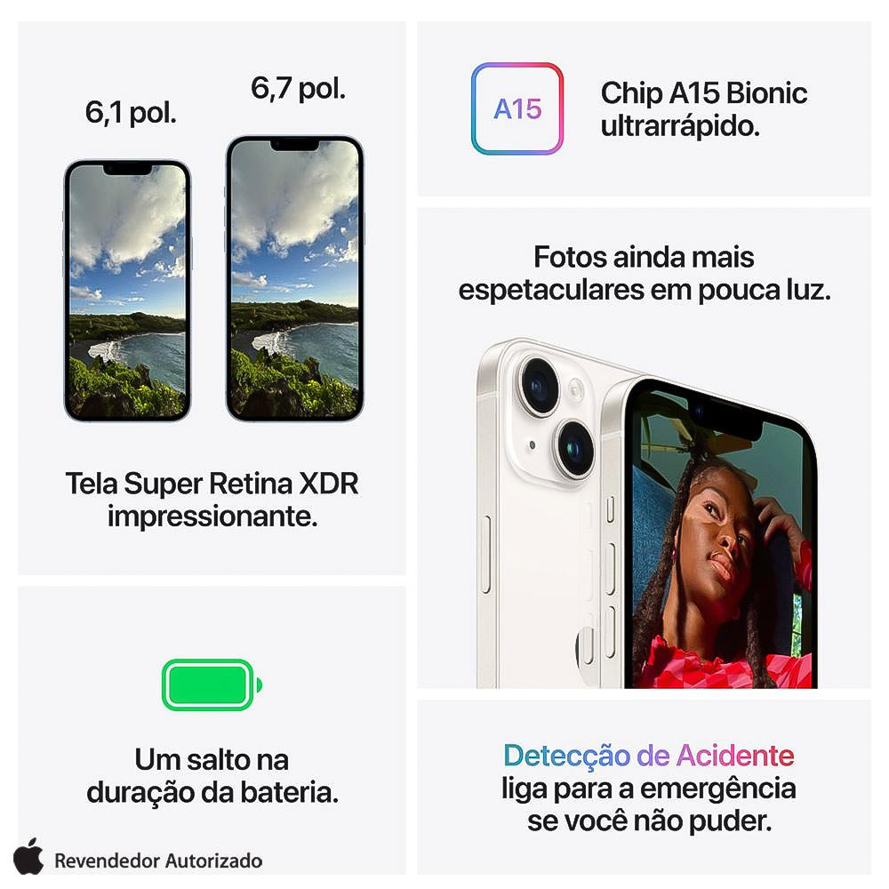 iPhone 14 Apple Estelar 256GB Tela 6,1” Camera 12MP iOS 5G