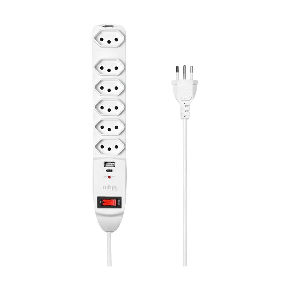 Filtro de Linha Elgin 6 Tomadas + USB-A e USB-C, Cabo 1.5m, 46RFL3060USB, Branco