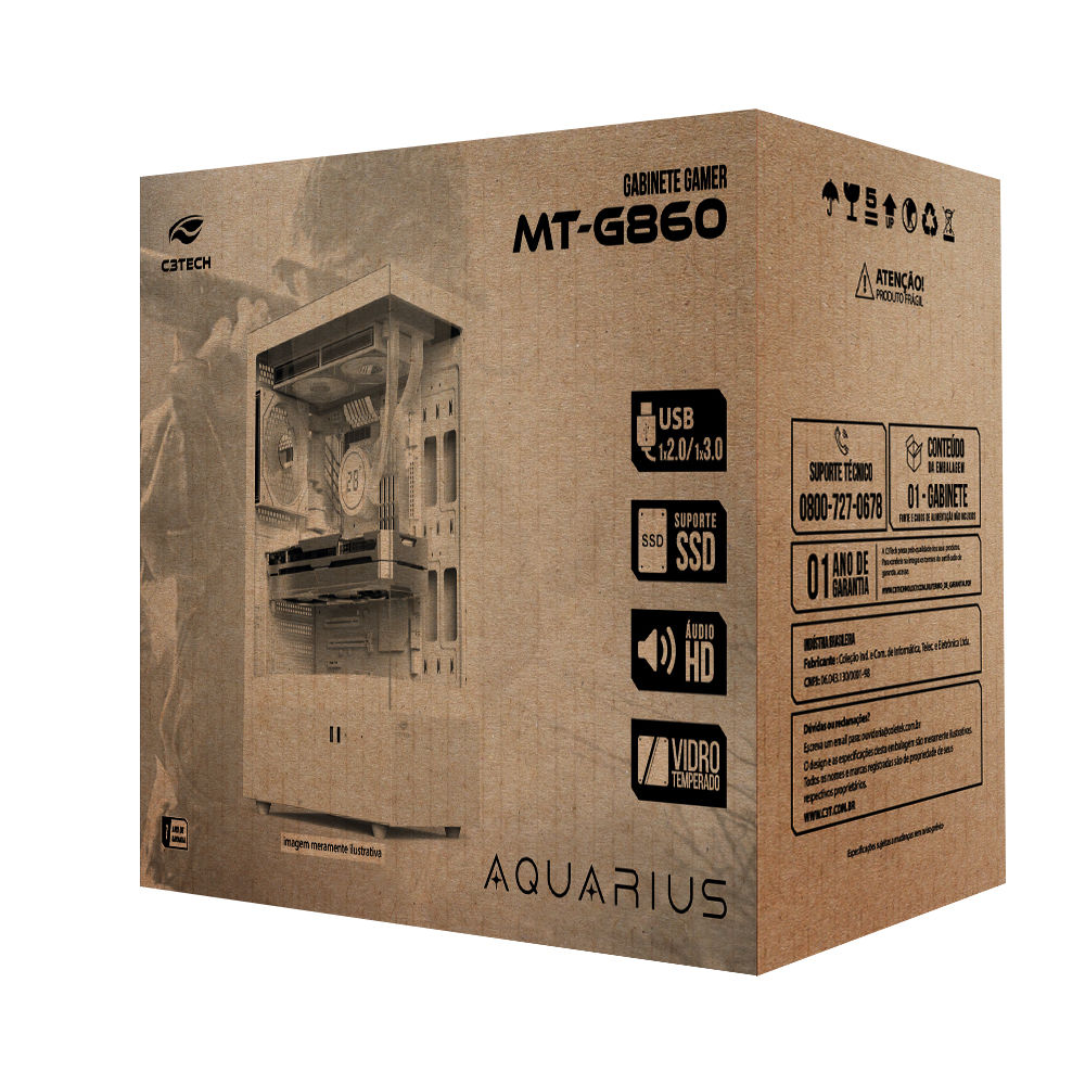 Gabinete Gamer C3Tech Aquário MT‑G860WH, Mid Tower, Vidro Temperado, Compatível Water Cooler, S/ Fonte, Branco-Aquarius