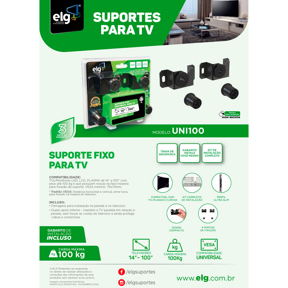 Suporte Fixo Para TV Universal LED, LCD, 3D, Plasma De 14" Até 100" Polegadas, Até 100KG, UNI100 - ELG