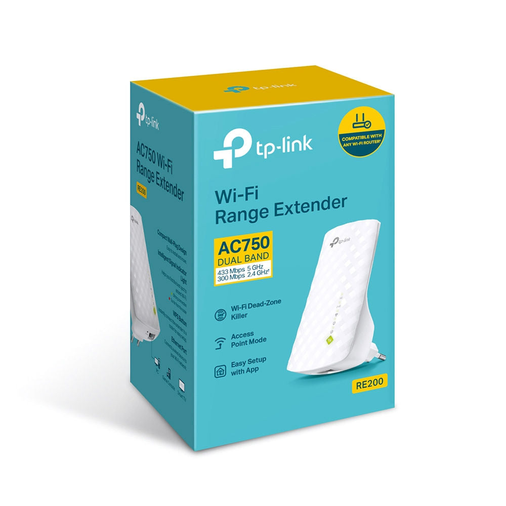 Repetidor Wi-Fi Mesh TP-Link RE200 AC750 Extensor Sinal, 433Mbps, 5GHz 300Mbps 2.4GHz Dual Band, Porta Ethernet, Branco