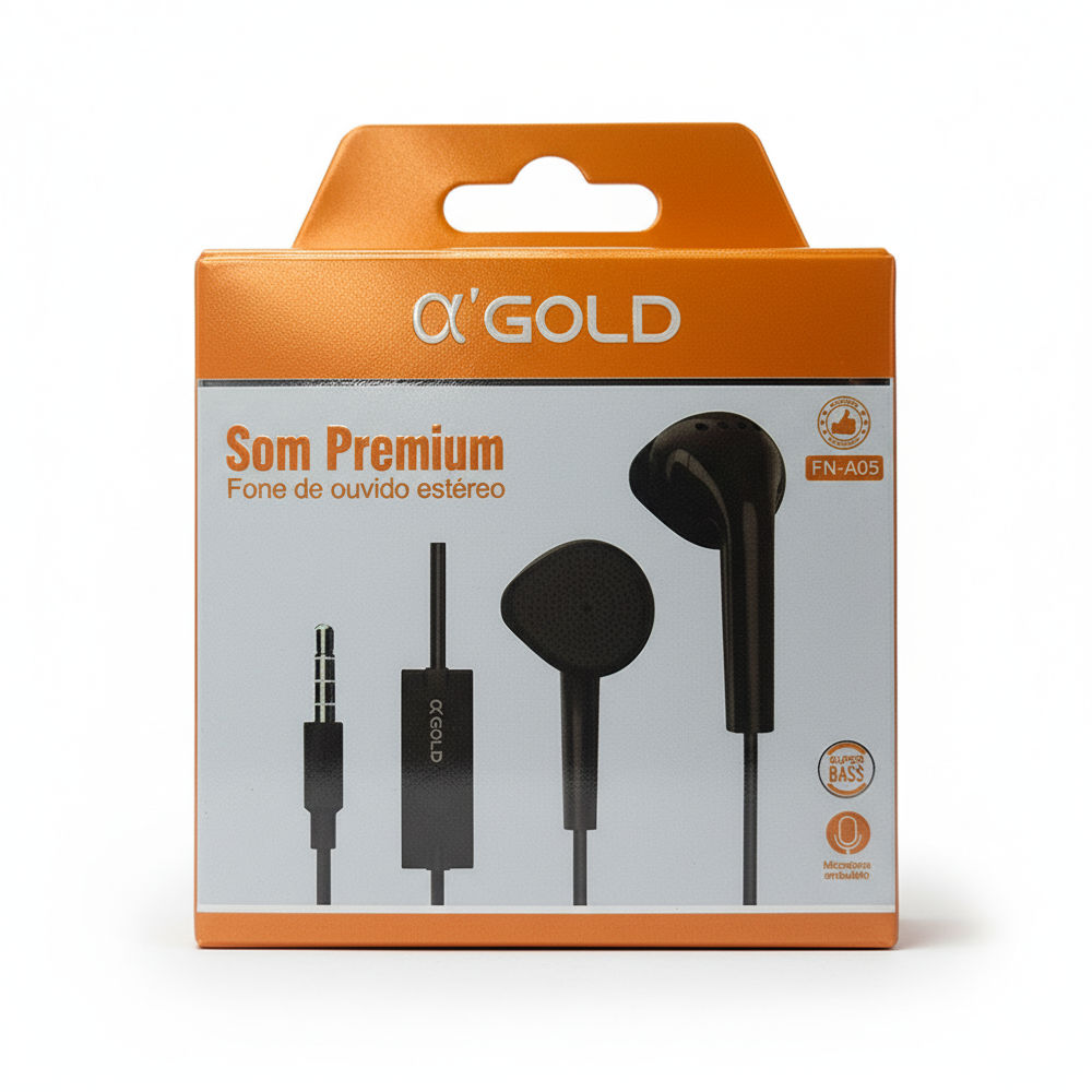 Fone De Ouvido Stereo, Super Bass, com Microfone, Fio 1.2 Metros, A'Gold, FN-A05 - Preto