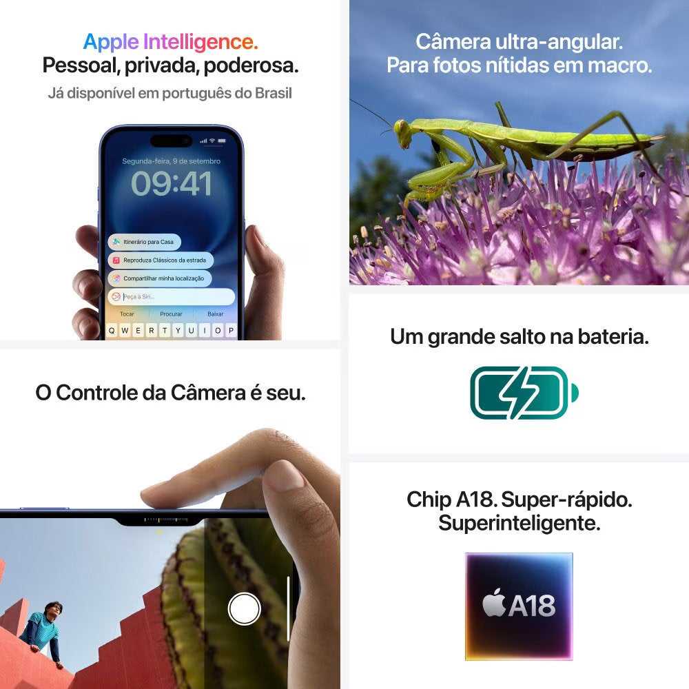 iPhone 16 Apple 512GB Preto 6.1", 5G/4G GSM, Tela OLED Super Retina XDR, Câmera Fusion 48MP, USB-C, iOS 18, MYEK3BB/A