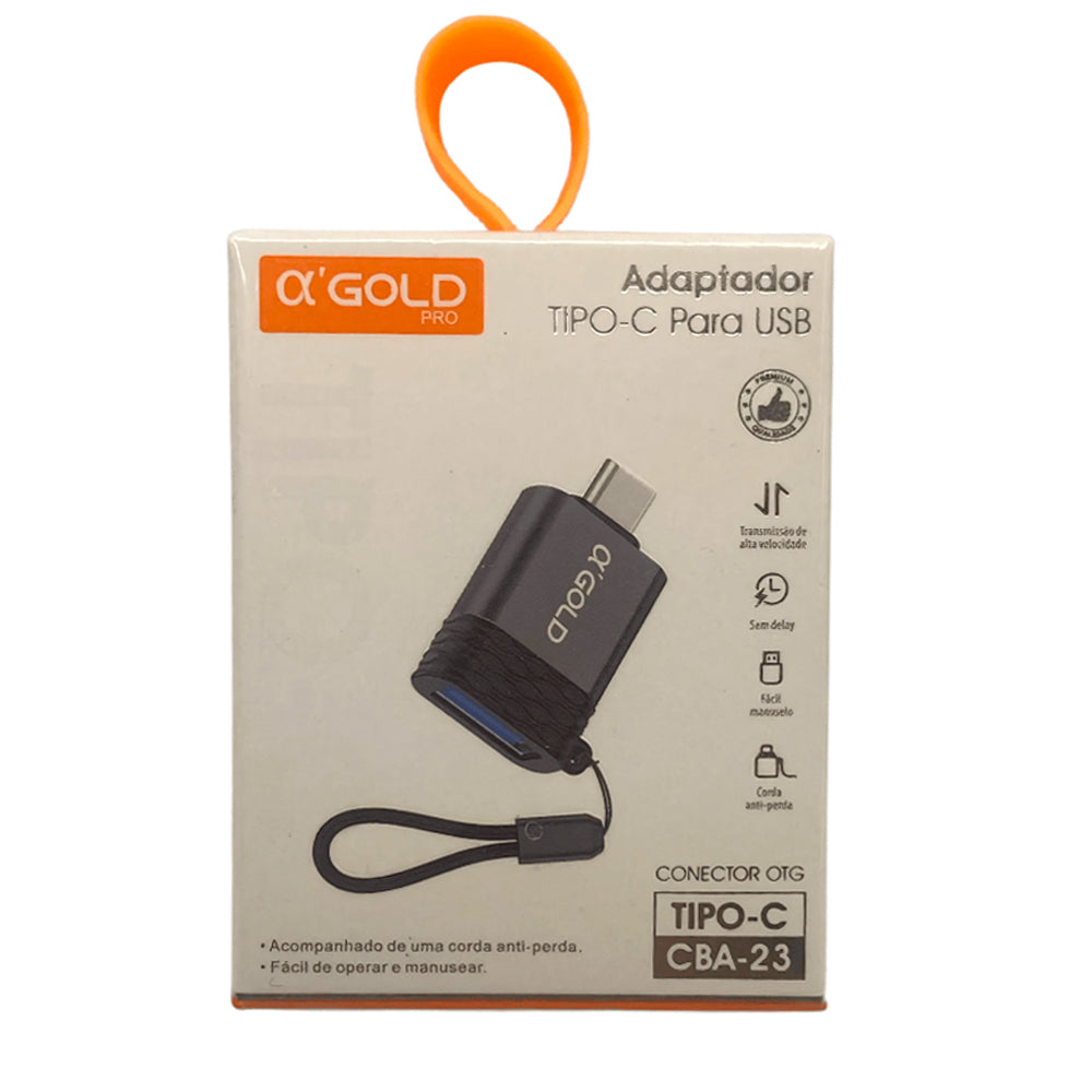 Adaptador OTG USB 3.0 (Fêmea) Para USB-C (Macho), Carga e Dados, CBA-23, A'Gold Pro, Cinza