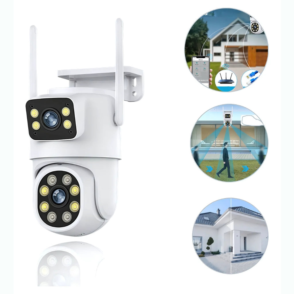Câmera de Segurança Dupla, Giratória, IP, Wi-Fi, Full HD, 10MP, Tuya, Compatível Alexa e Google, IP66, Branca