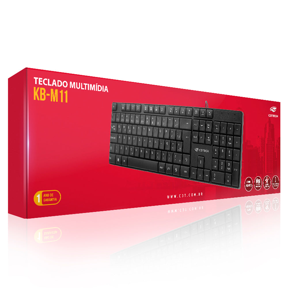 Teclado USB Multimídia KB-M11BK Preto - C3Tech