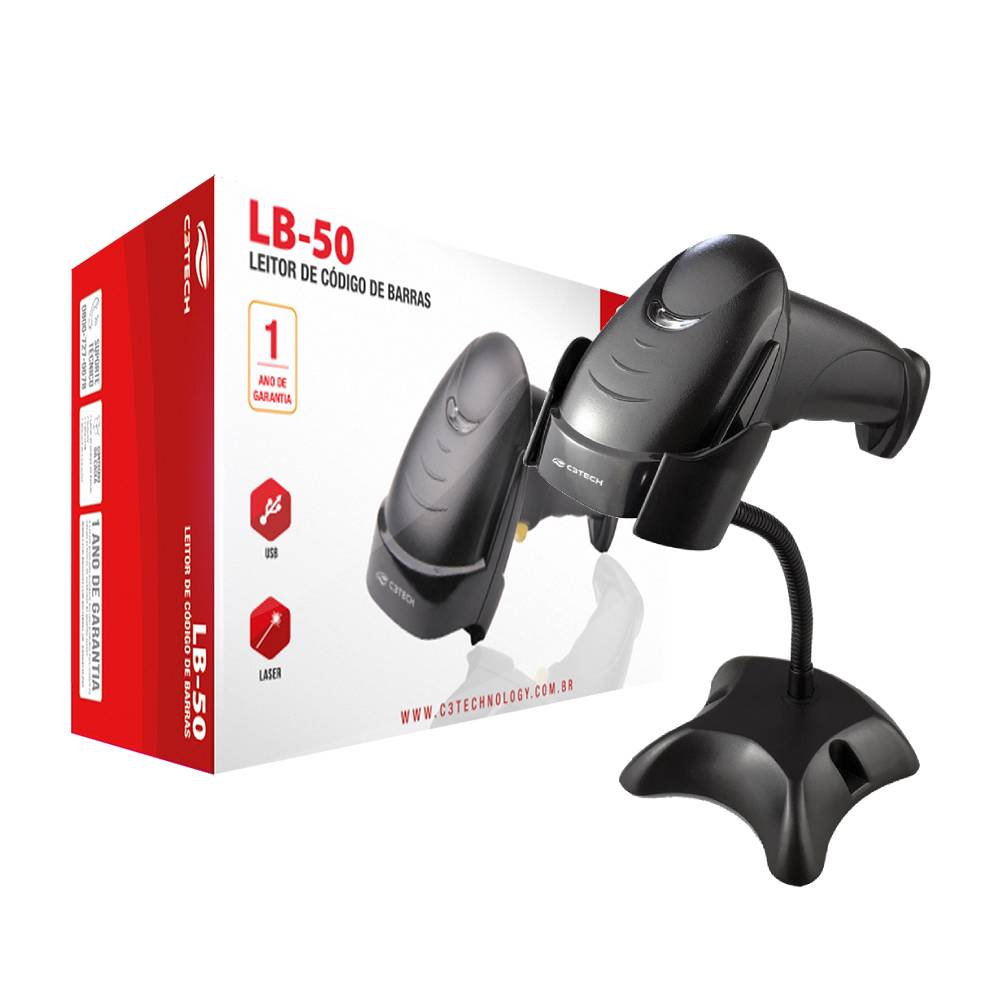 Leitor Código de Barras USB, Com Suporte Incluso, LB-50BK, C3Tech, Preto