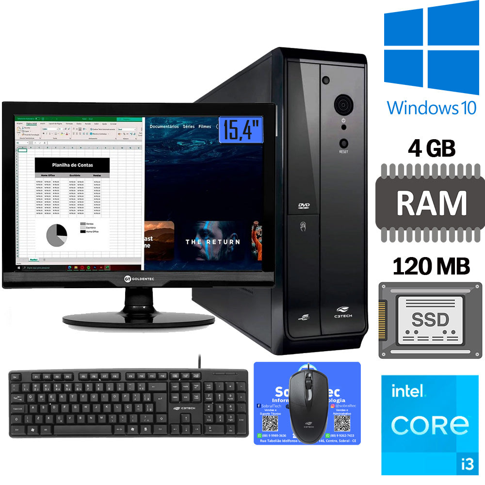 Computador Core i3-3240-SSD 120GB-Memória Ram 4GB-Slim Horizontal e Vertical- Com Monitor 15 HDMI e Windows 10 Tecla