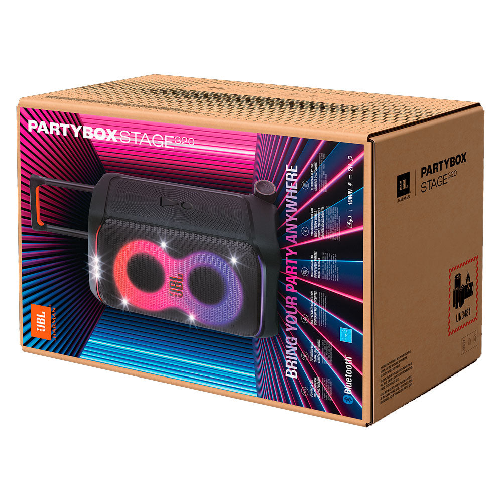 Caixa de Som Bluetooth JBL Party Box Stage 320, IPX4, Show de Luzes, Até 18 Horas de Reprodução, 240W