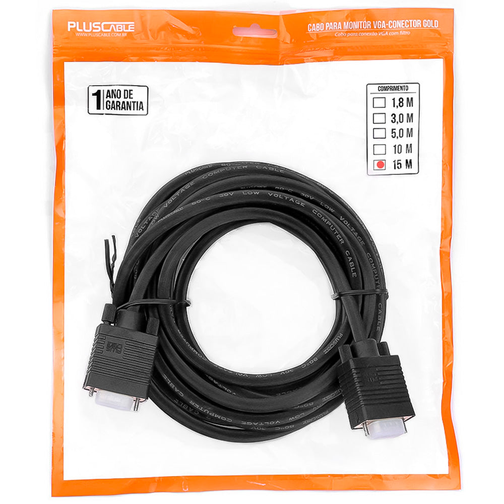 Cabo VGA x VGA 15 Metros, Com Filtro Anti Interferência, Plus Cable - PC-MON15001