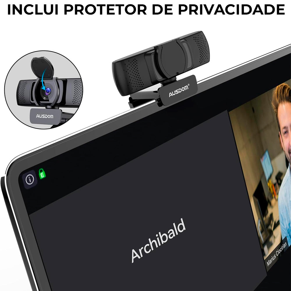 Webcam Full HD 1080P Ausdom, Foco Automático, Cancelamento De Ruído Microfone Câmera - AF640