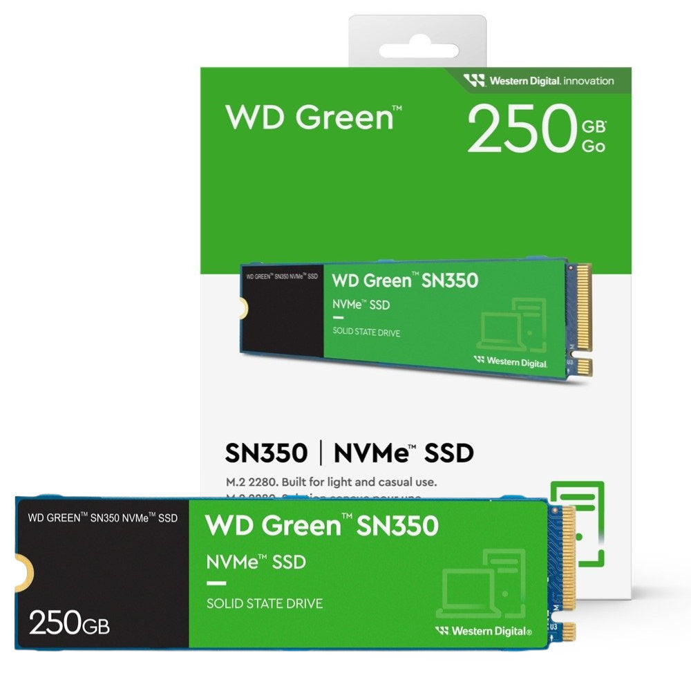 SSD WD Green SN350 250GB M.2 2280 NVMe, Leitura até 2400MB/s, Gravação até 1500MB/s – WDS250G2G0C