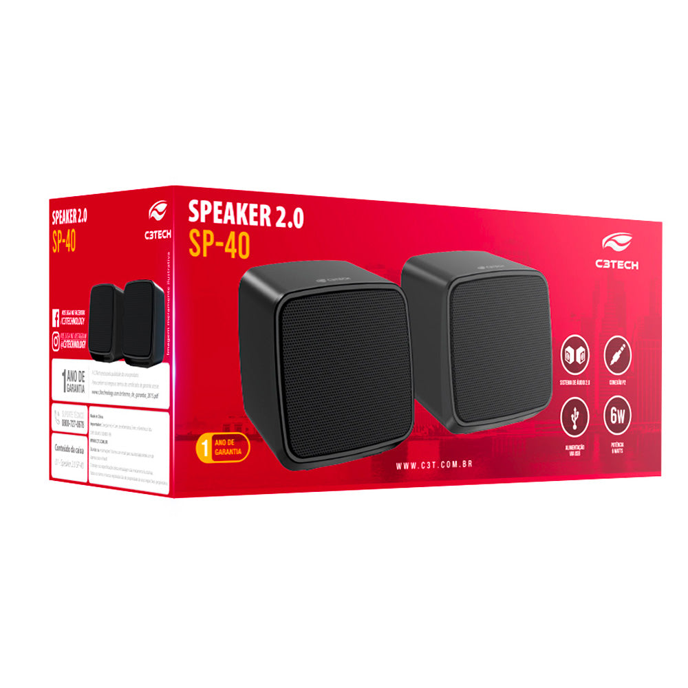 Caixa de Som Speaker C3Tech SP-40, Áudio 2.0, Conexão P2, 6W, SP-40BK - Preta