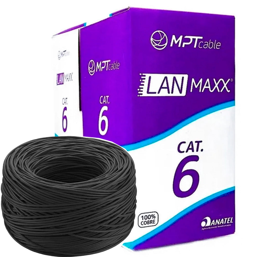 Caixa de Cabo de Rede Cat. 6  LAN U/UTP 24AWGX4P (305 Metros) LAN Maxx Preto 100% Cobre