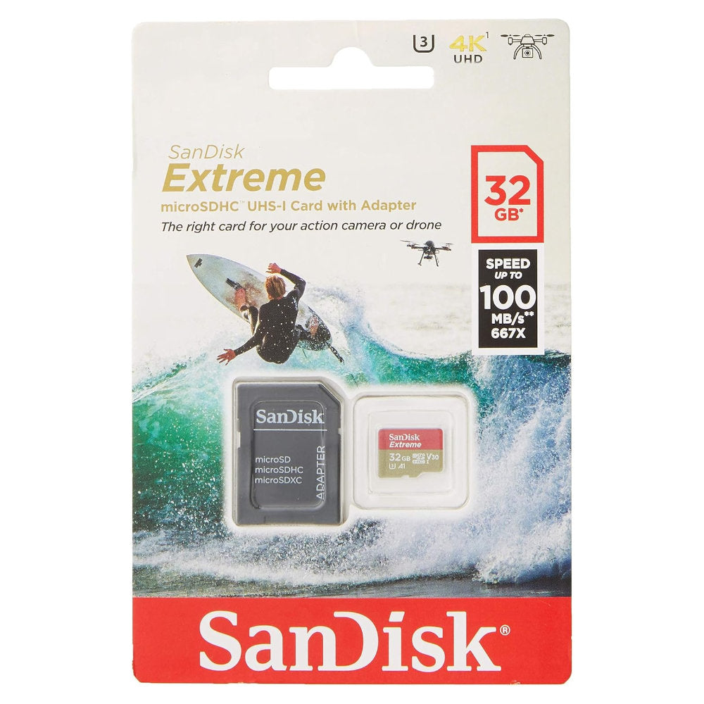 Cartão microSDHC SanDisk Extreme 32GB U3 V30 A1 100MB/s 60MB/s 4K c/ Adaptador SD (SDSQXAF-032G-GN6AA)