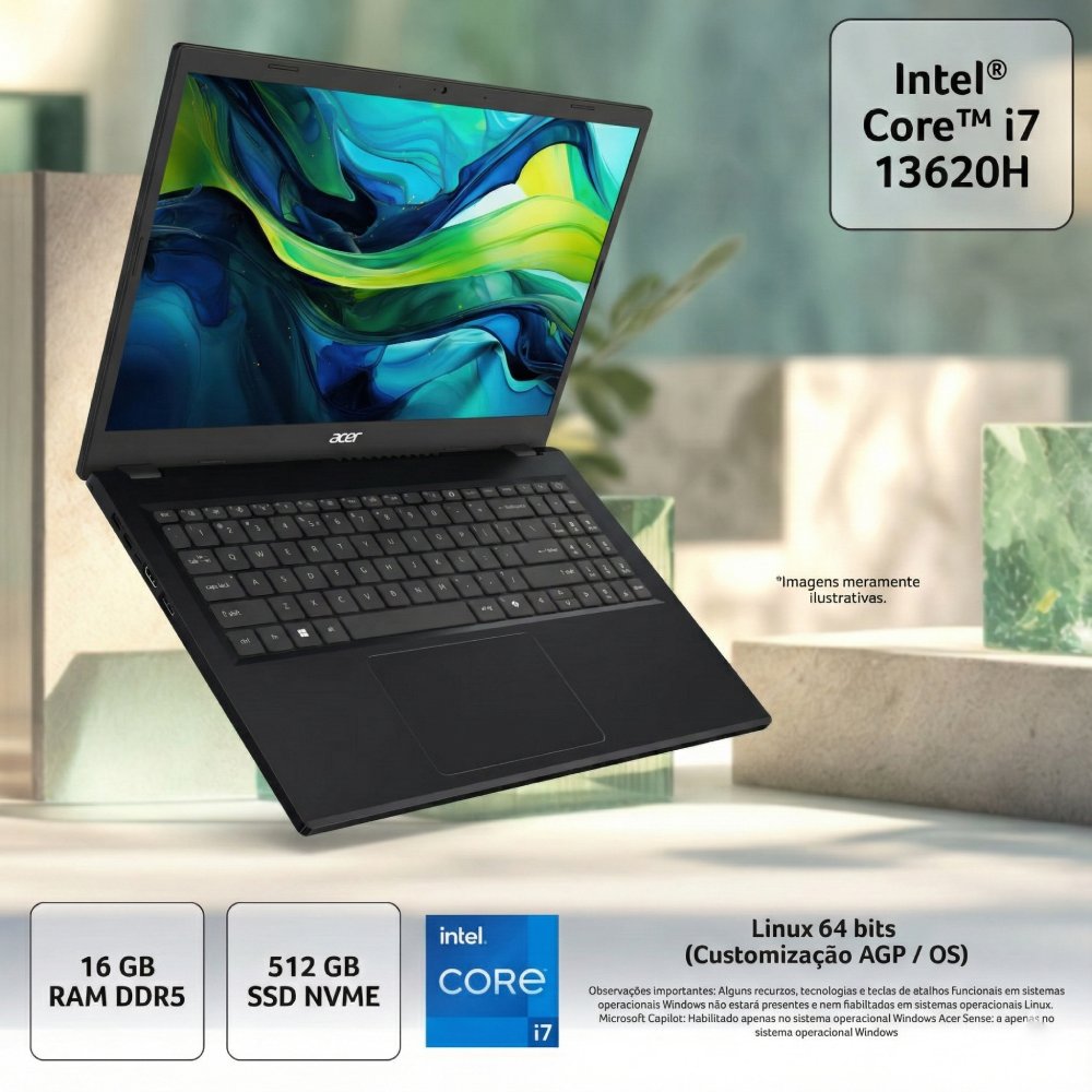 Notebook Acer Aspire Go 15 Intel Core i7-13620H 16GB DDR5 SSD 512GB 15.6" Linux AG15-71P-76Z8 - Cinza